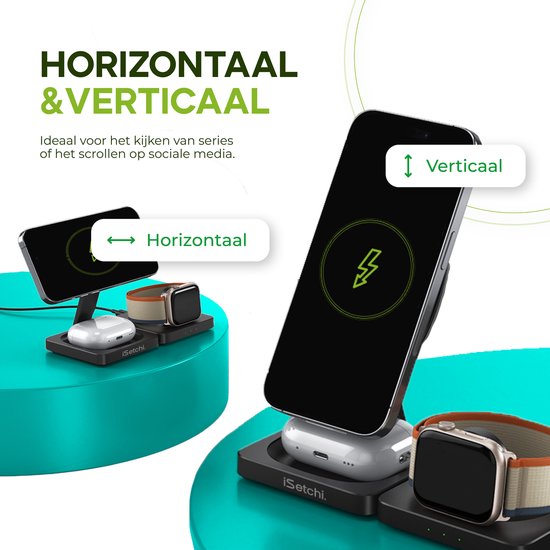 iSetchi 3-in-1 Power Base - Wireless Charger 15 W - Pliable et léger - Qi Charging Station - Câble inclus - Compatible avec Smartphone, Smartwatch & Earbuds