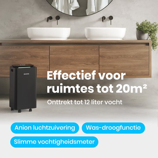 Déshumidificateur et purificateur d'air Auronic - Série Pro - 12L par jour - Fonction Lavage-Séchage - Chambre à coucher, salle de bain et salon - Déshumidificateur pour la maison - Noir