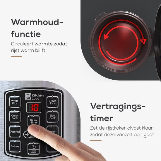 KitchenLove Rice Cooker with Steamer 1.8L - Cuiseur de riz - Fonction de réchauffage - 3 à 8 personnes - Acier inoxydable noir