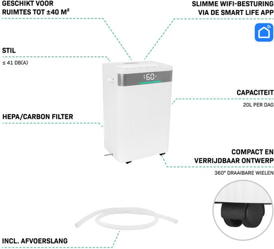 VONROC Déshumidificateur - 20L/jour - Réservoir d'eau de 4,5L - Contrôle Wifi & app - Filtre à air HEPA & Carbone