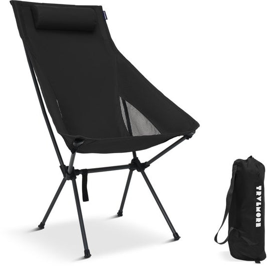 TRVLMORE Chaise de camping - pliable - capacité de charge 120KG - sac de transport inclus - chaise pliante - chaise de pêche - chaise de camping - chaise pliante - noir