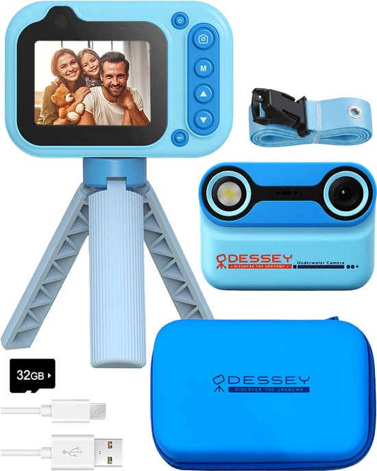 ODESSEY Caméra étanche pour enfants - avec trépied - Full HD - Caméra selfie - Carte SD 32 Go - Photo - Vidéo - Jeux - Caméra numérique pour enfants - Caméra photo pour enfants - Bleu