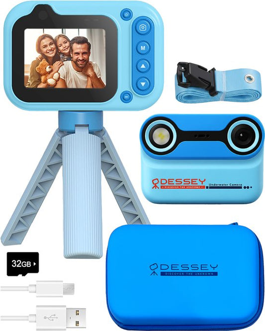ODESSEY Caméra étanche pour enfants - avec trépied - Full HD - Caméra selfie - Carte SD 32 Go - Photo - Vidéo - Jeux - Caméra numérique pour enfants - Caméra photo pour enfants - Bleu
