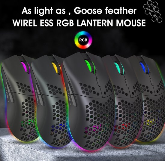 HXSJ T66 - Souris de jeu sans fil - Souris d'ordinateur - Ultra légère - Eclairage RGB - Noir