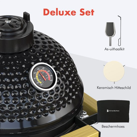 KitchenBrothers Kamado BBQ - 13 Inch Charcoal Barbecue - 27⌀ cm - Deluxe Set - Egg BBQ with Accessories including Cover - Noir