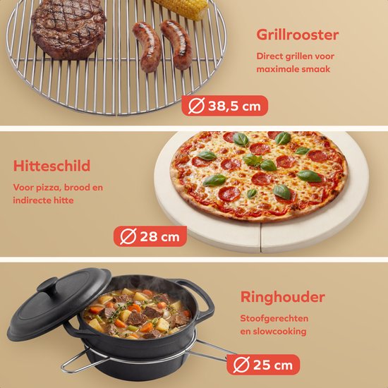 KitchenBrothers Kamado BBQ - 18 Inch Charcoal Barbecue - 38.5⌀ cm - Set complet - Egg BBQ avec accessoires incluant le couvercle - Noir