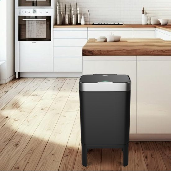 Loftey Trashcan 60 Liter - Push/touch Waste Bin - Duo Waste Bin with inner bin - Trash can 2 compartments - Waste Separation 2x30L - Kitchen - Black/RVS