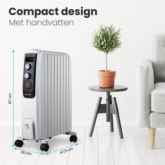 Auronic Radiateur à Huile avec Thermostat - Chauffage 2000W - Chauffage électrique - Minuterie - 3 niveaux - Blanc