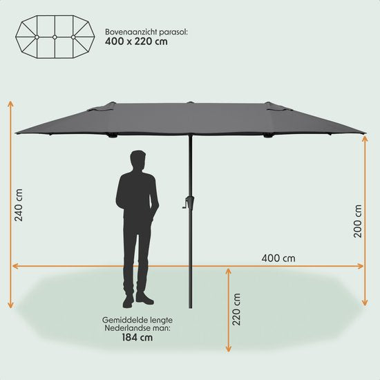LifeGoods Parasol double - jardin - 220x400cm - jusqu'à 8 personnes - imperméable - UPF50+ - gris foncé