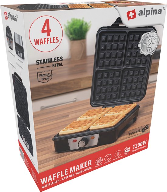 gaufrier alpina - gaufres de Bruxelles - revêtement antiadhésif - 4 gaufres - 1200W