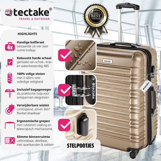 tectake® - Set de 4 valises à coque dure - Set de valises de voyage à roulettes - ABS - Poignée télescopique et serrure - Pèse-bagages inclus - Tailles des trolleys S-M-L-XL - Champagne