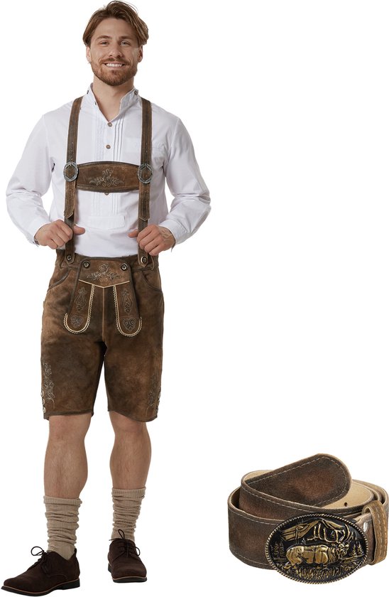 Dressforfun Authentique Lederhosen Jonathan court - Avec ceinture et bretelles - Cuir véritable - Marron - 50 - Oktoberfest Dress Man - Costume d'homme - Dress Up - Costume allemand - Costume de carnaval - Gilet de costume - Pantalon traditionnel en cui