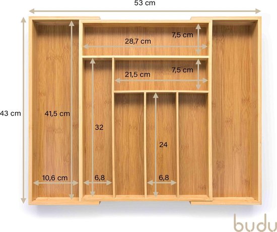 Budu Range-couverts extensible en bambou #43 (43 cm de profondeur) - Cassette à couverts en bois - Tiroir à couverts - 43 x 32.2 - 53 cm - 6/8 compartiments