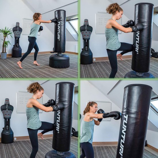 Tunturi Standing Boxing Bag - Bâton de boxe autoportant - Facilement déplaçable - Hauteur 180 cm - Avec base remplissable en sable, gravier ou eau - Noir - Avec application fitness gratuite