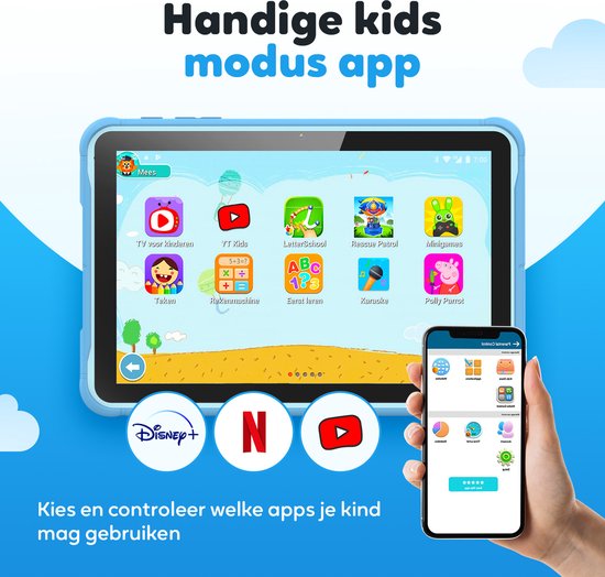 Tablette enfant Spoused - 10.1 Inch - Tablette enfant à partir de 3 ans - 64GB - 4GB RAM- 6000 mAh Battery - Incl. Protective cover & Parent Control app - Blue