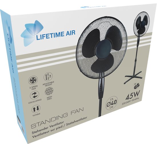 Lifetime Air Ventilateur trépied 45W - Ventilateur réglable en hauteur de 102,5 à 125 cm - Ventilateur sur pied à 3 vitesses - inclinable et oscillant - Noir