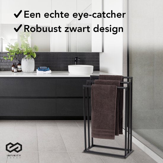 Infinity Goods Porte-serviettes - Salle de bain - 3 bras - Porte-serviettes - Freestanding - Metal - Black Mat