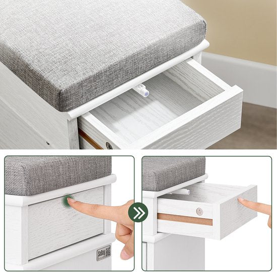SoBuy FSR82-K-WG Meuble à chaussures banc d'entrée - banc à chaussures avec siège de toilette et coussin de rangement pour chaussures pour hall d'entrée, salon 61 x 24 x 51 cm, capacité 113 kg, blanc effet bois antique