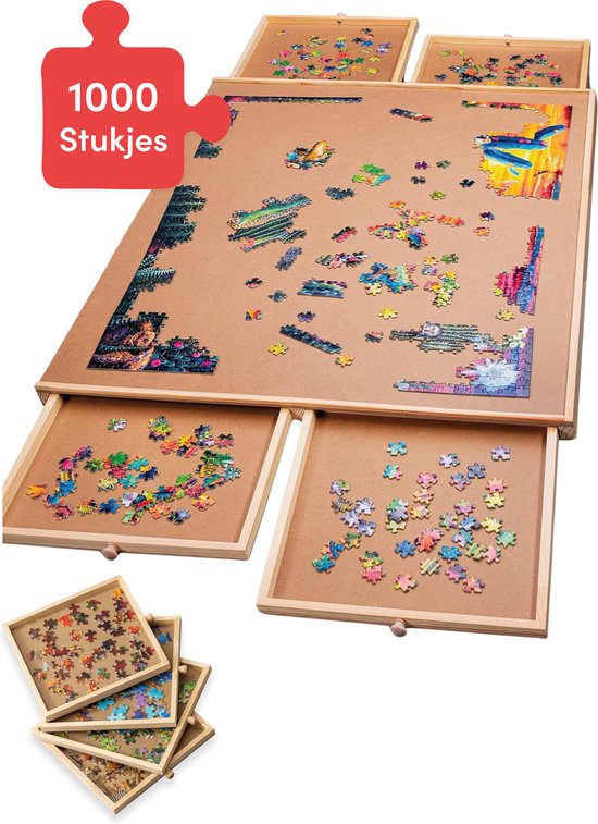Diydash - Plateau de puzzle et table de puzzle - 1000 pièces - 83 x 64 cm - avec 4 tiroirs de tri et système de rangement - Plateau de puzzle - Bois - Marron