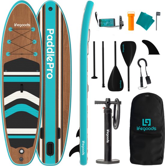 LifeGoods PaddlePro SUP Board - Planche à pagaie gonflable - Ensemble complet - Max. 150KG - 320x81cm - Bois/Bleu