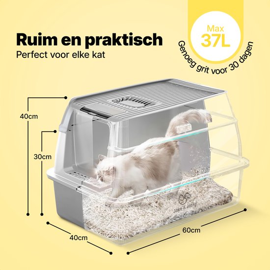 Bac à litière en acier inoxydable Jake and Jacky - Toilette pour chat en acier inoxydable - avec pelle à litière et support et marche de ramassage des gravillons - bac à litière ouvert 2 en 1 avec couvercle amovible - 60x40x38cm