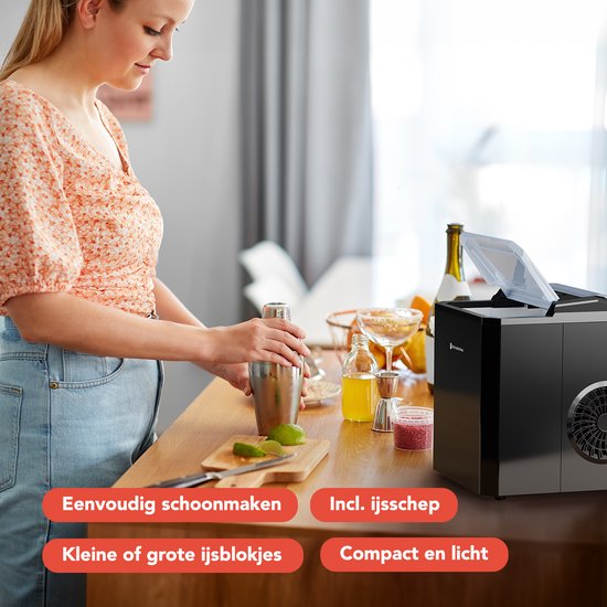 Machine à glaçons - KitchenBrothers - 1L - Avec pelle à glace - Easy Clean - 9 glaçons en 8 min. - Noir