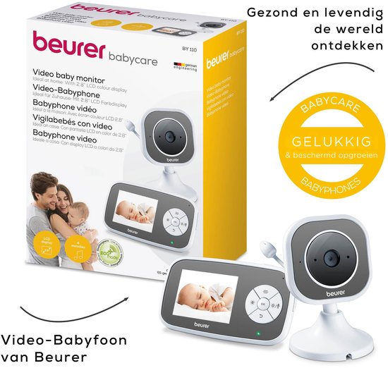 Beurer BY 110 Baby Monitor vidéo - Unité parentale/écran XL et caméra - Connexion numérique sans fil - Portée jusqu'à 300 mètres - Vision nocturne - Zoom numérique - Interphone - Chansons - Alarmes diverses - Minuterie - Eco+ - Garantie 3 ans