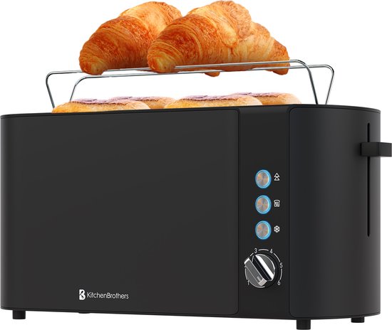 KitchenBrothers Toaster - Grille-pain - 6 niveaux de chaleur - 2 fentes extra-longues - 1520W - Noir