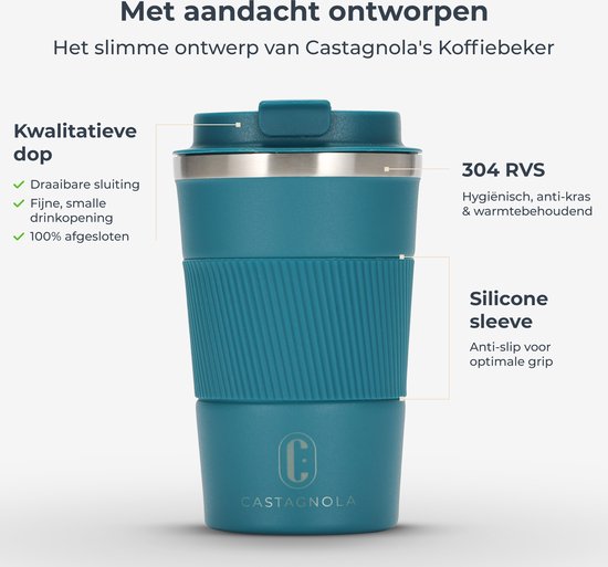 Tasse thermos Castagnola - Tasse à café à emporter - Tasse de voyage pour café et thé - Tasse à thé - 380 ML - acier inoxydable - Bleu