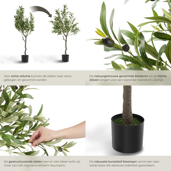 tectake® Olivier artificiel Oleand - Plante artificielle méditerranéenne avec feuilles et olives réalistes - Facile d'entretien et polyvalent - Pot de fleurs robuste inclus - Hauteur : 120 cm