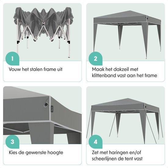 LifeGoods Party Tent Plus - Tente pliante - 3x3 m - Montage facile - Armature renforcée - Imperméable - Sac de transport - Gris