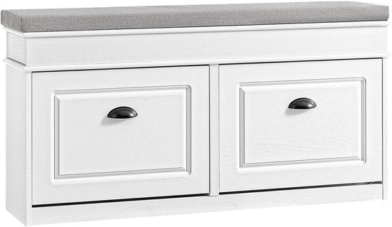 SoBuy FSR64-WG Meuble à chaussures, banc à chaussures, chaussures, entrée, 2 abattants avec coussin amovible, boîte de rangement, étagère pour entrée étroite, 104 x 24 x 51 cm, effet bois antique, blanc