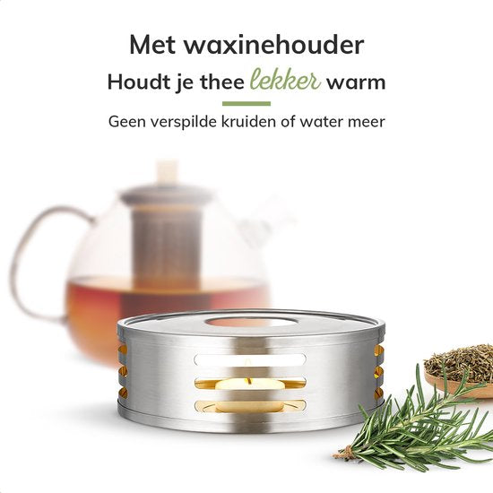 Deleca Théière en verre avec filtre et chauffe-plat - Verre borosilicaté - Tamis en acier inoxydable - Cadeau de Noël - Pour thé en vrac / fleurs de thé - 1.5L