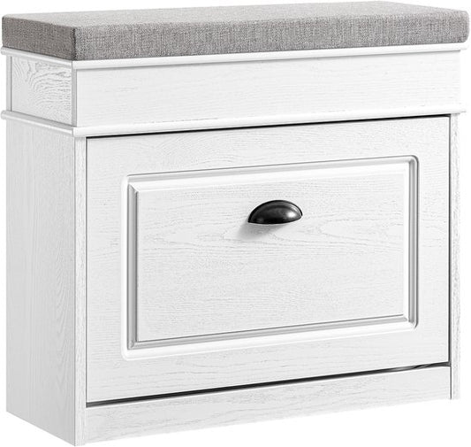 SoBuy FSR82-K-WG Meuble à chaussures banc d'entrée - banc à chaussures avec siège de toilette et coussin de rangement pour chaussures pour hall d'entrée, salon 61 x 24 x 51 cm, capacité 113 kg, blanc effet bois antique