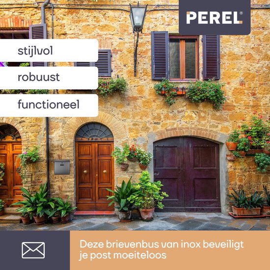 Perel letterbox Monaco, boîte aux lettres murale extérieure, montage mural, avec plaque signalétique, serrure à clé, verrouillable avec 2 clés, acier inoxydable, 36,8 x 36,5 x 10 cm, gris argenté