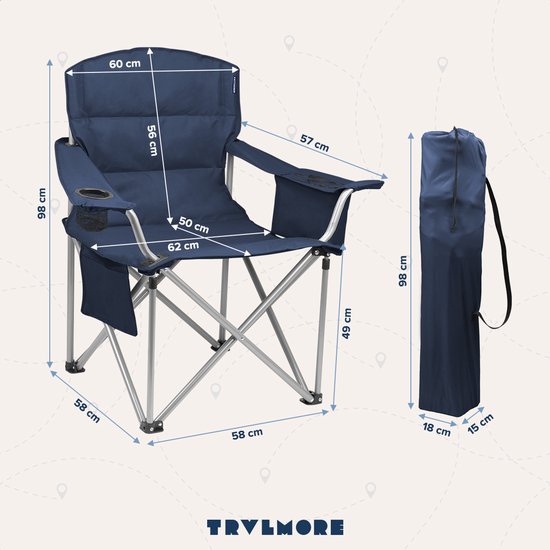Chaise de camping - TRVLMORE - XL - Chaise pliante confortable - 150 kg max - Porte-boisson - Bleu