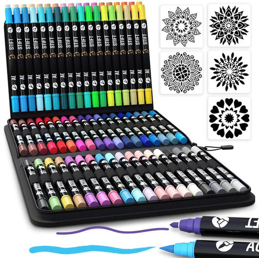 NAPI 72 marqueurs acryliques Dual Tip - Twinmarkers - Marqueurs peinture Happy Stones - Peinture sur pierre avec marqueurs peinture acrylique - Adultes et enfants - 5 modèles de mandalas inclus