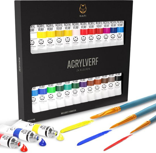 NAPI Peinture acrylique 24 couleurs + 3 pinceaux - Prêt à l'emploi - Cercle de couleurs inclus - Peinture Hobby - Peinture acrylique - 24 Tubes
