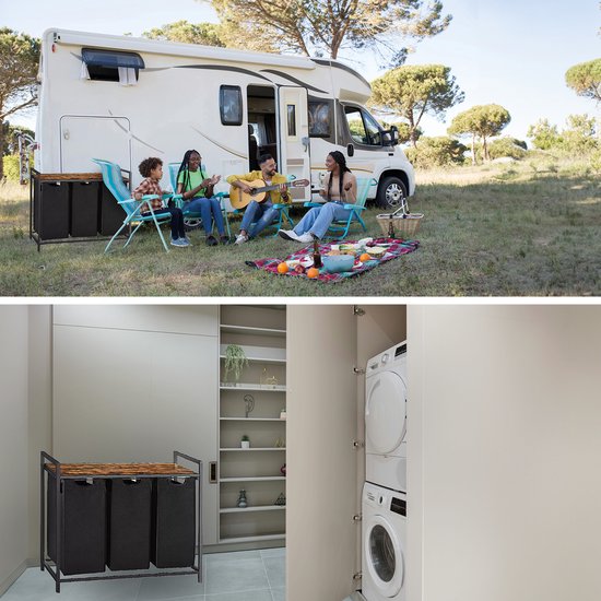 BRASQ Panier à linge 3 compartiments - Trieur de linge 114 litres - Extensible avec étagère 92,5x33x71 cm - Boite à linge Métal noir - Bois brun - Panier