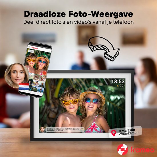 Cadre photo numérique Denver 10,1 pouces - HD - Frameo App - Cadre photo - WiFi - écran tactile IPS - 16 Go - PFF1016