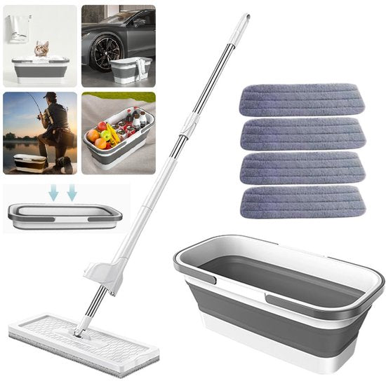 Fuegobird - Ensemble vadrouille et seau pliable - Seau pliable multi-usages - Avec kit d'essorage - Mains libres - Livré avec 4 vadrouilles lavables en microfibre - Humide et sec - Seau pliable - DWEIL