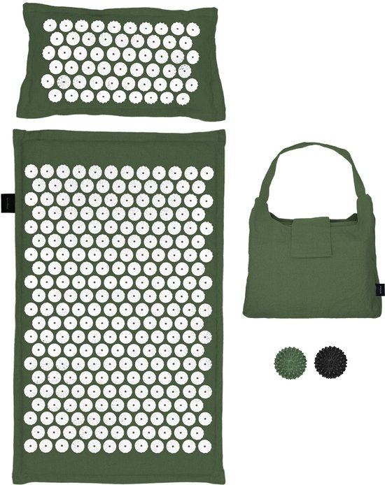 LifeGoods Acupressure Mat Eco - avec coussin - Shakti mat - Nail Mat Incl. 2x Trigger Point Ball and Carrying Bag - 72x43x2cm - Green/White
