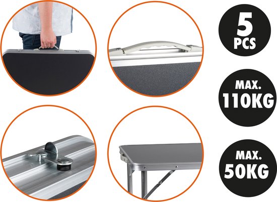 Camp Active Camping Table Set - Table de camping avec 4 tabourets - pliable - légère - compacte - robuste - grise