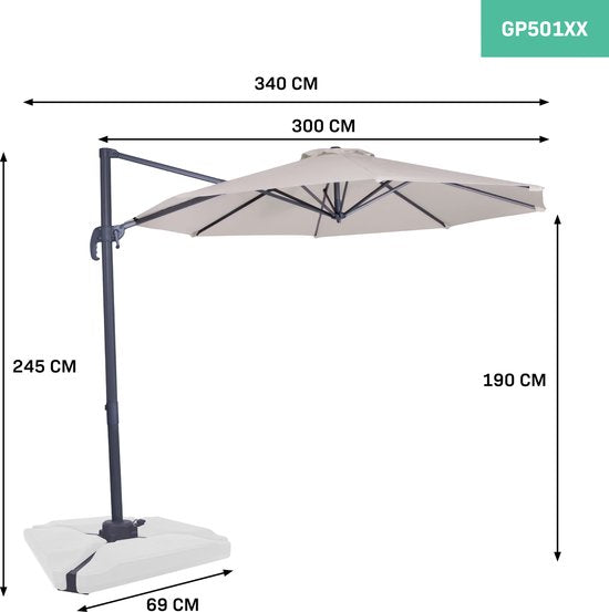 VONROC Premium Floating Parasol Bardolino Ø300cm - Base en croix et housse de protection incluses - Parasol rond - Orientable sur 360° - Inclinable - Toile résistante aux UV - Beige