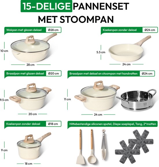 Just Perfecto 15 Piece Induction Cookware Set - Beige Cookware Set With Lid For Gas and Induction - PFAS free - Cold grips