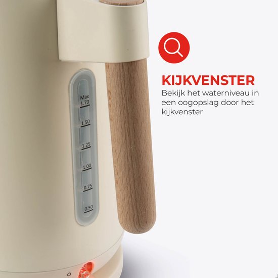 Bourgini Harmony - Bouilloire - acier inoxydable - Crème avec éléments en hêtre véritable - 1.7L - Light design