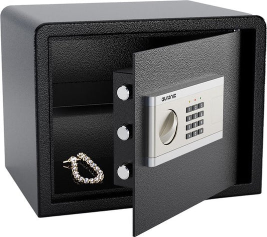 Coffre Électronique Auronic - Serrure à Combinaison - Clé - Fixation Murale - Porte 4,3cm - Alarme 130dB - 28L - 30x38x30cm - 10KG - Acier - Noir