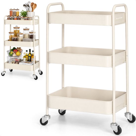 Chariot de cuisine sur roulettes - 3 étages - Étagère de cuisine - Chariot de service - Armoire - Chariot - Rangement - Armoires de douche sur pied - Étagère - Beige - Luft