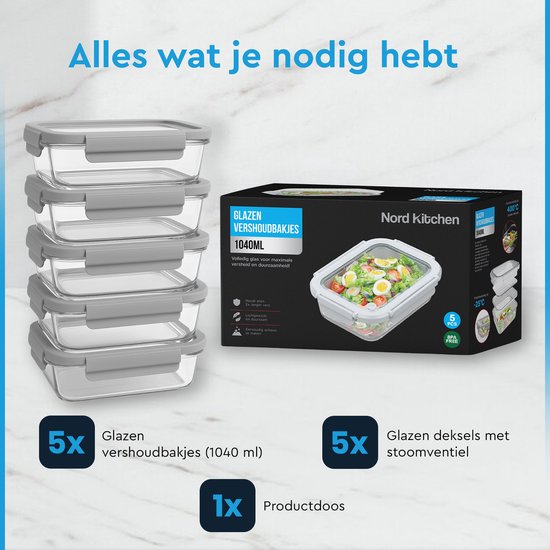 Nord Kitchen Preserving Trays Set - with Glass Steam Lid - Meal Prep Trays - Freezer Trays Full Glass - Airtight - 5 Pieces - 1040 ML