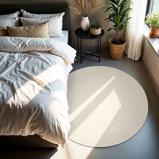 tectake® Tapis à poils courts - Rond - Ø120 cm - Crème - 1630 g/m² de poids de poils - Tapis pour le salon, la chambre à coucher, la salle à manger - Facile d'entretien et lavable - Sous-couche antidérapante - Antiallergique - Diverses tailles et couleurs